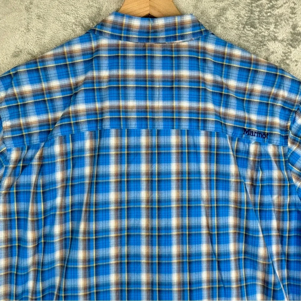 Marmot Shirt Mens XL Blue Plaid Nylon‎ Outdoor Hiking Camp Workwear Logo - Picture 15 of 16